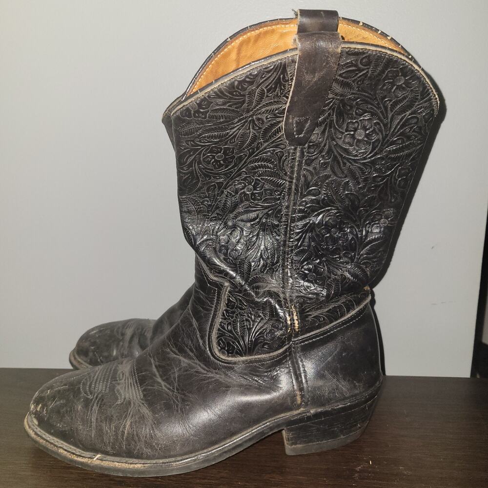 ANSI Z41 Western Cowboy Boots Sz 9.5 Black Leather USA Oil Resistant Pointed Vtg